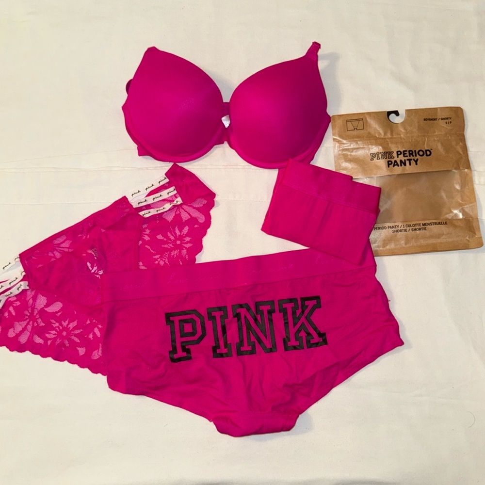 PINK 32D Pink Set with Boyshort(L), Lace Cheeky(M),& Period Panty (S) BNWT